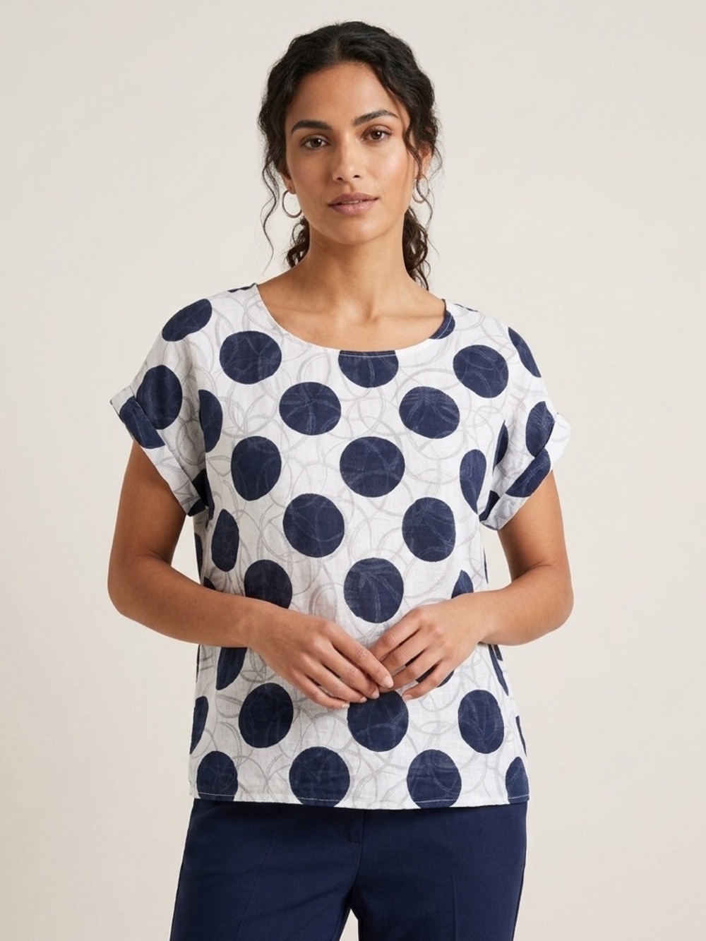 100% Cotton Blue Polka Dot Blouse Womens L Italy Lightweight Boho To
